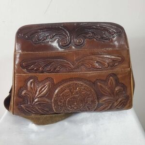 Vintage 70s Tooled Leather Satchel Shoulderbag Brown Distressed